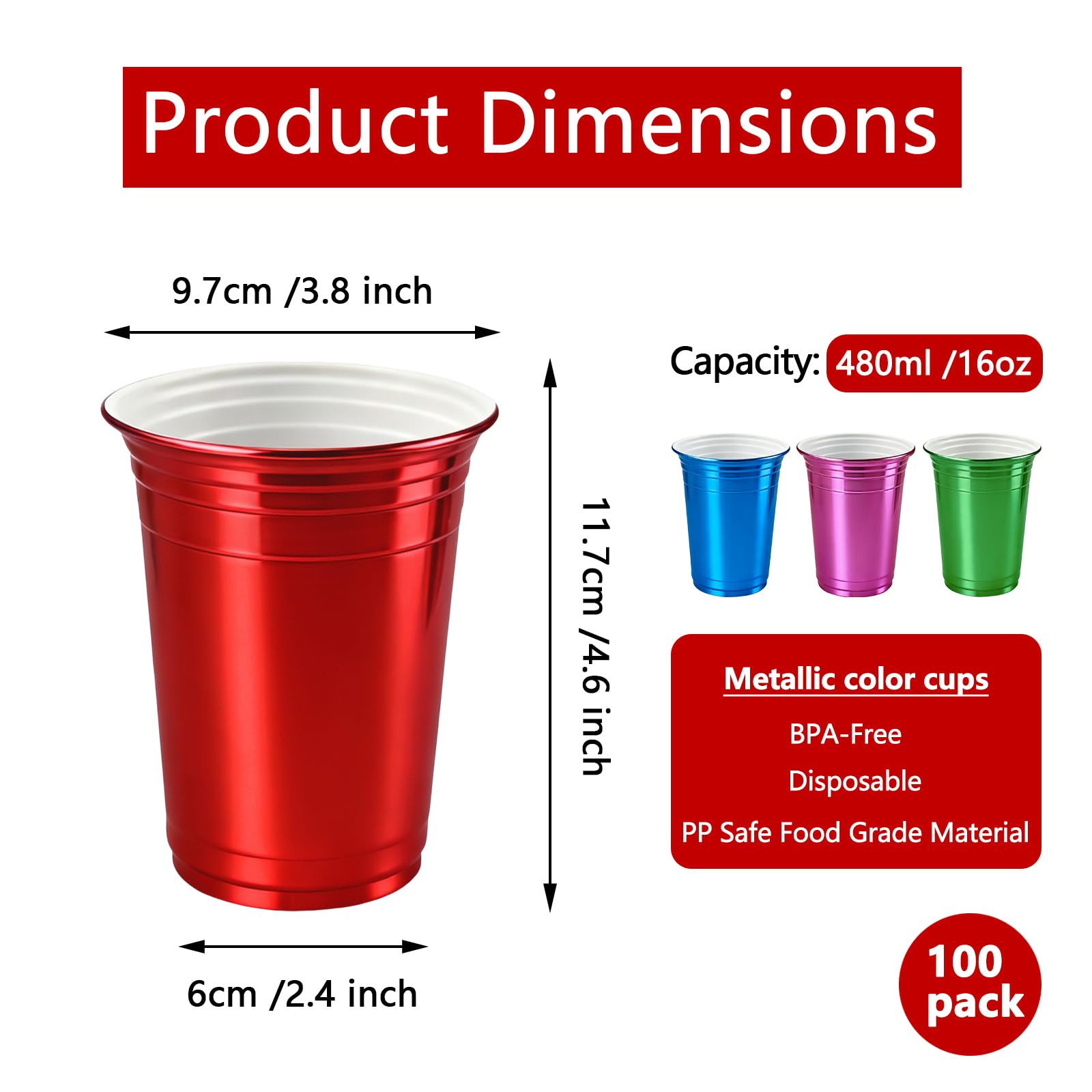 100-Pack 16 oz Assorted Metallic Disposable Party Cups