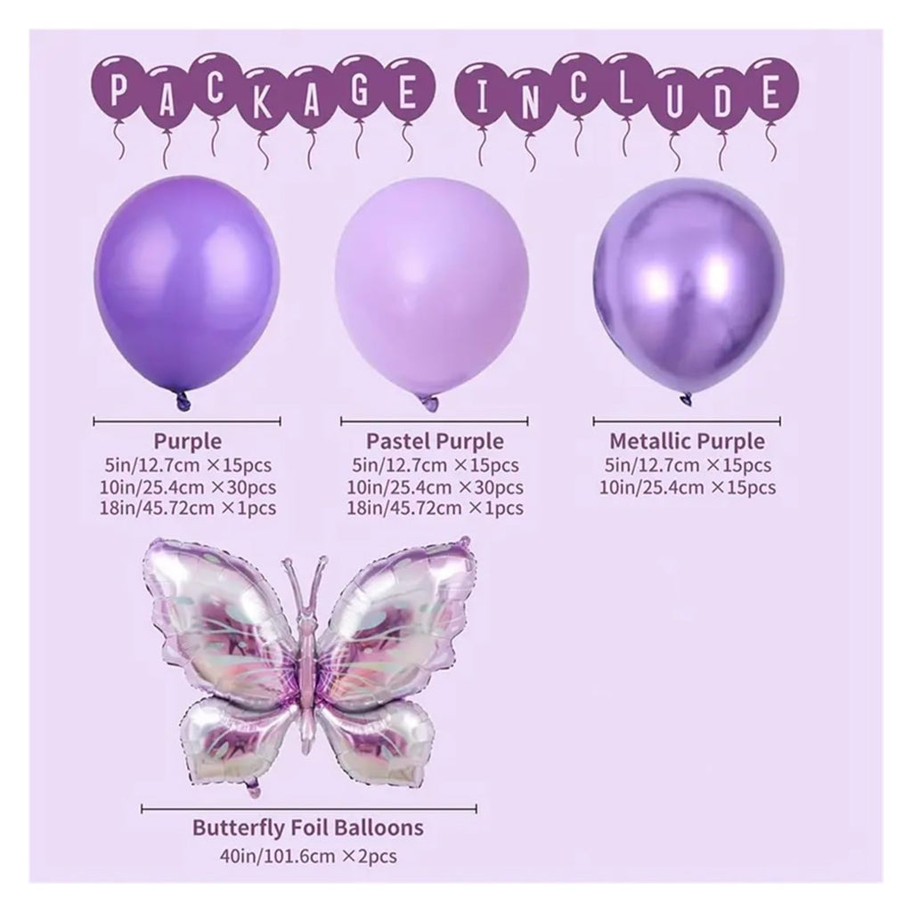 126pcs Purple Metallic Latex Balloons Garland Arch Kit Butterfly