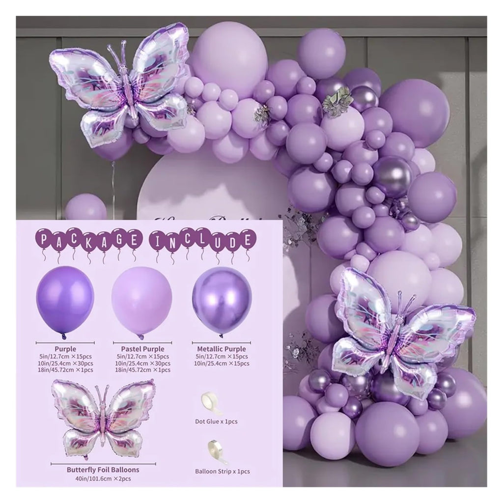 126pcs Purple Metallic Latex Balloons Garland Arch Kit Butterfly