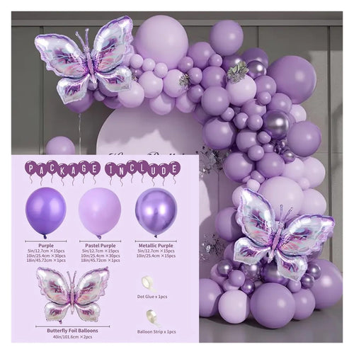 126pcs Purple Metallic Latex Balloons Garland Arch Kit Butterfly