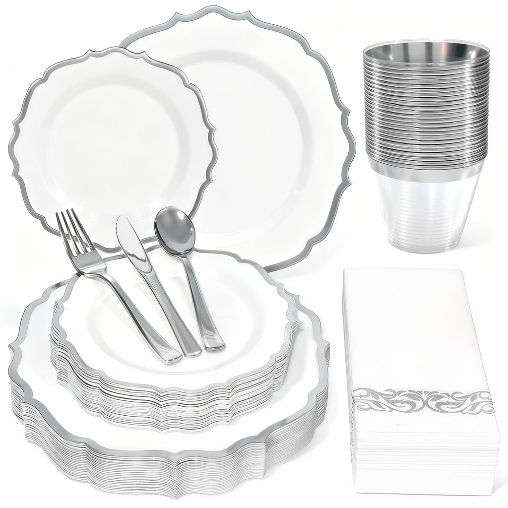 Glowserve Plastic Plates Disposable for Halloween， Plastic Dinner Plates with Gold Rim for Party Wedding