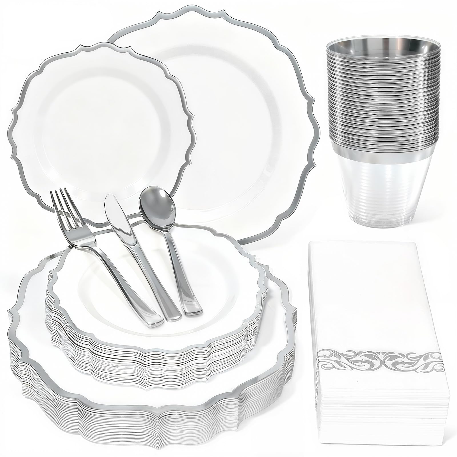 Glowserve Plastic Plates Disposable for Halloween， Plastic Dinner Plates with Gold Rim for Party Wedding