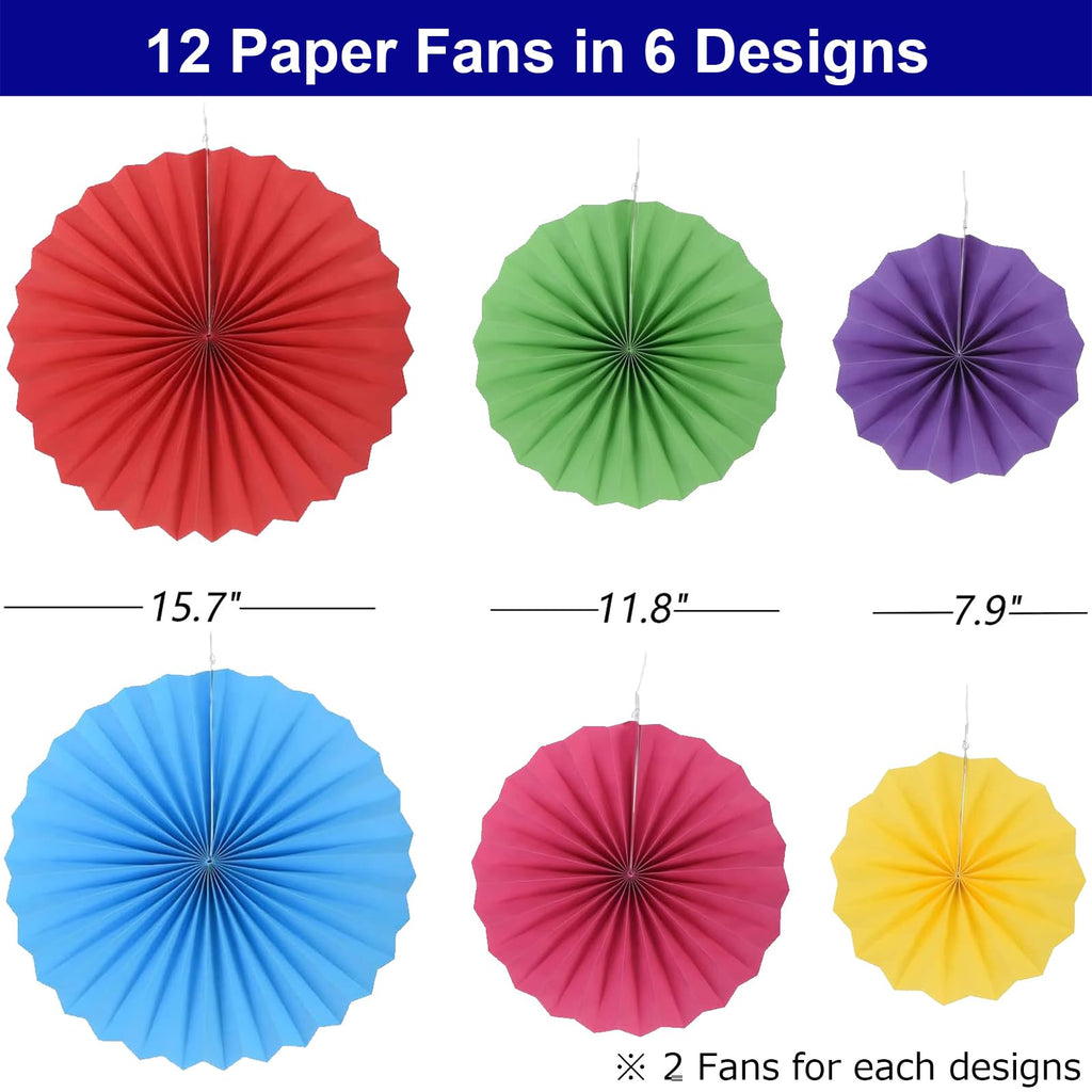 INPLUSTOP 12PCS Party Hanging Paper Fans Set, Round Pattern Fan Garland, Paper Fan Decorations for Birthday Wedding New Year Baby Shower Graduation Events