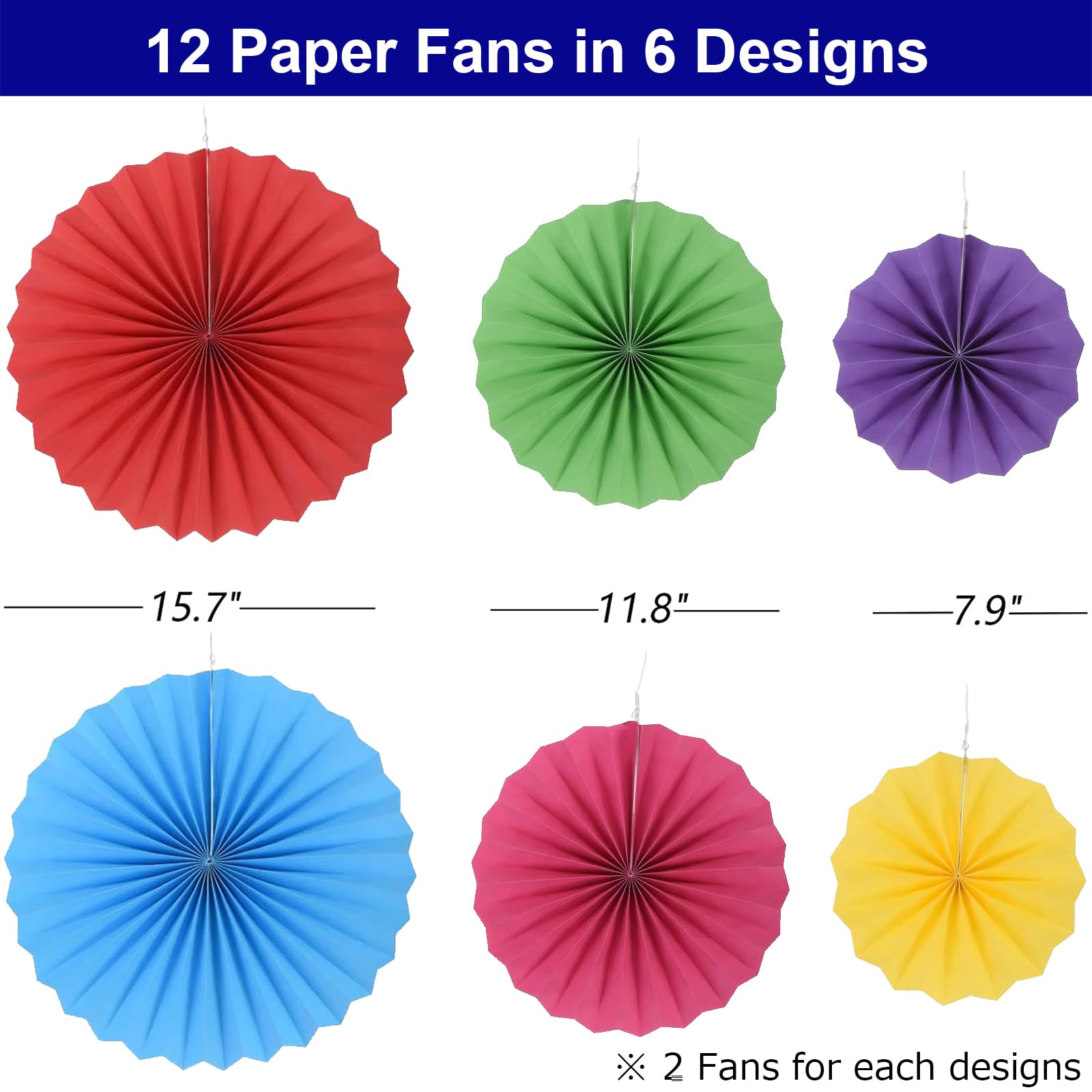INPLUSTOP 12PCS Party Hanging Paper Fans Set, Round Pattern Fan Garland, Paper Fan Decorations for Birthday Wedding New Year Baby Shower Graduation Events