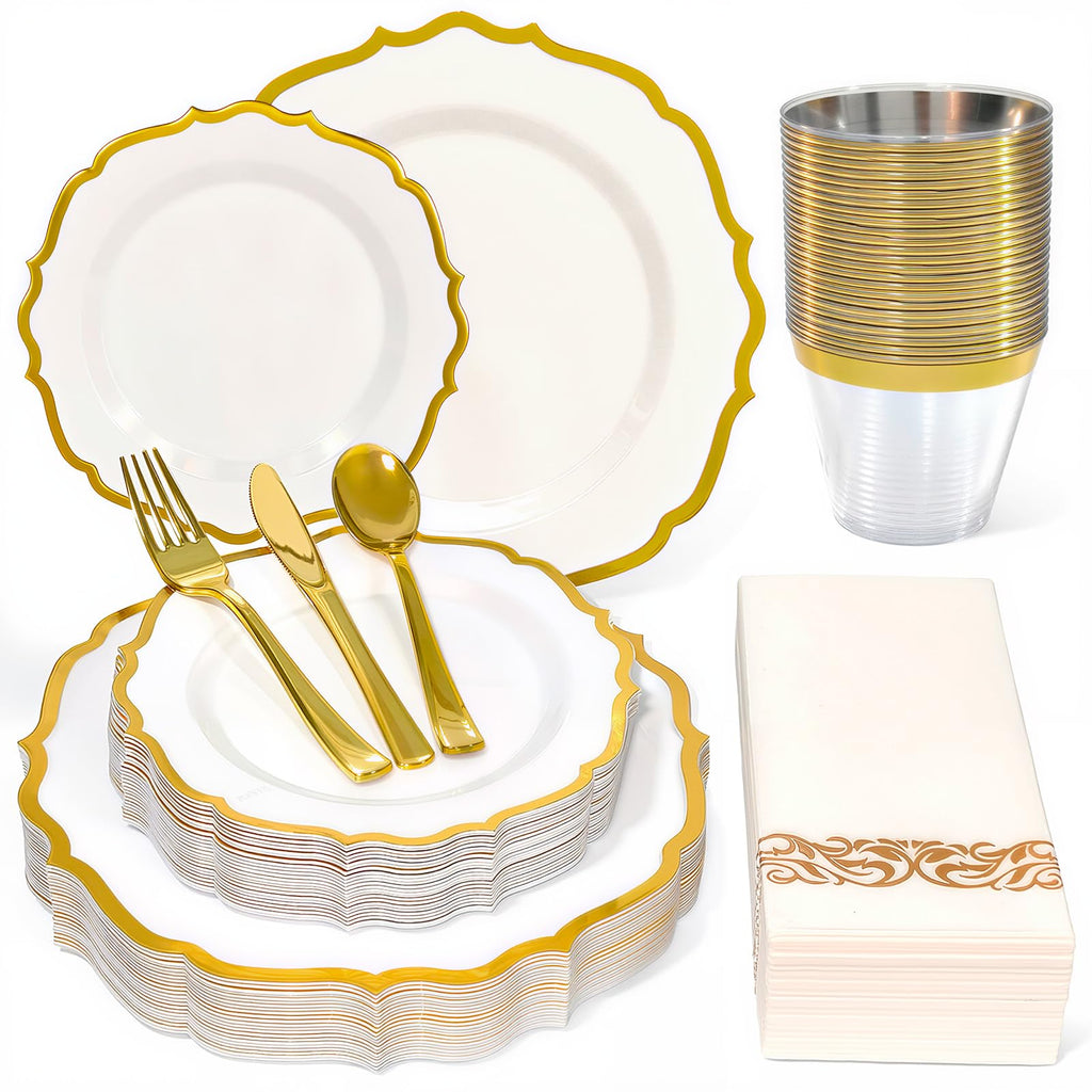 Glowserve Plastic Plates Disposable for Halloween， Plastic Dinner Plates with Gold Rim for Party Wedding
