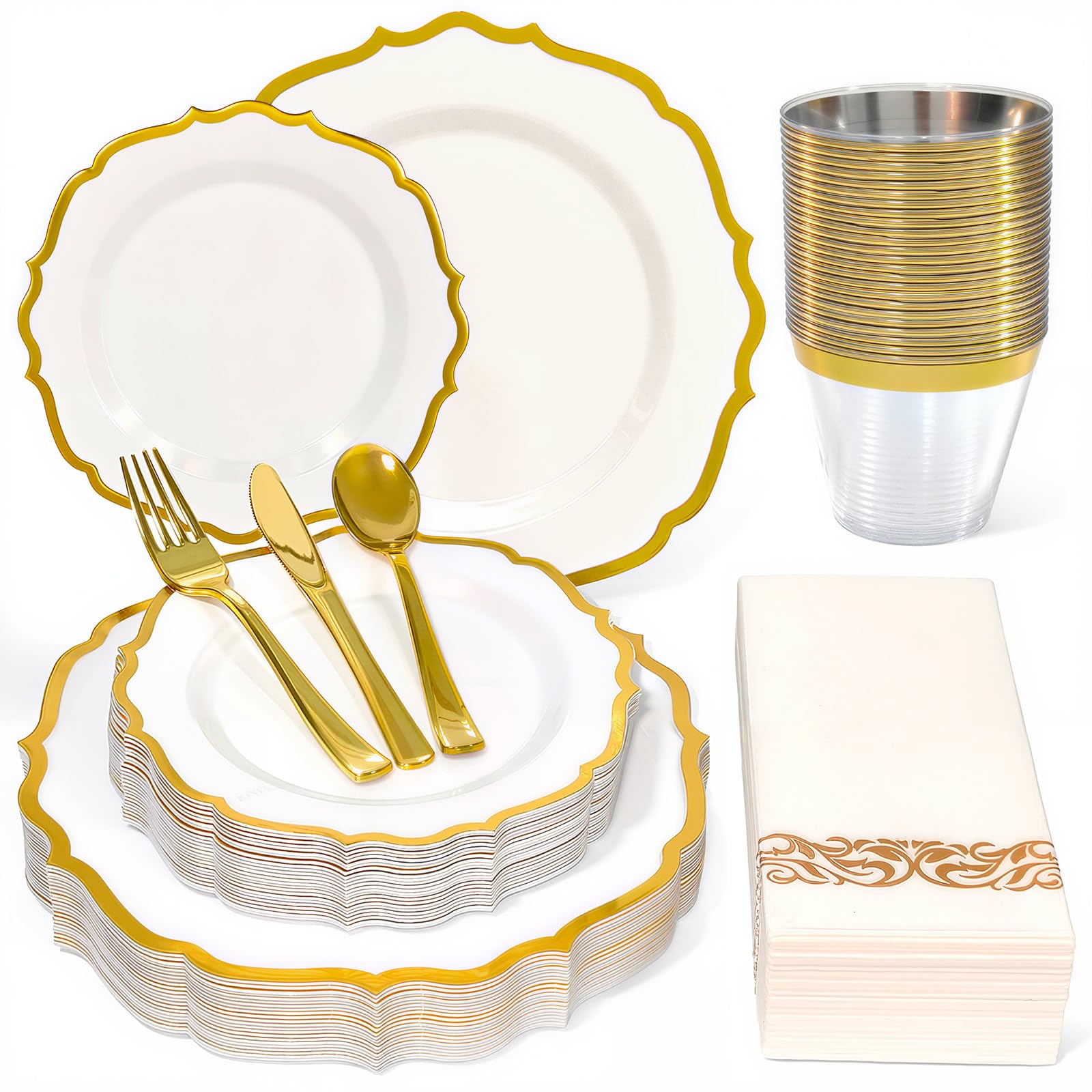 Glowserve Plastic Plates Disposable for Halloween， Plastic Dinner Plates with Gold Rim for Party Wedding