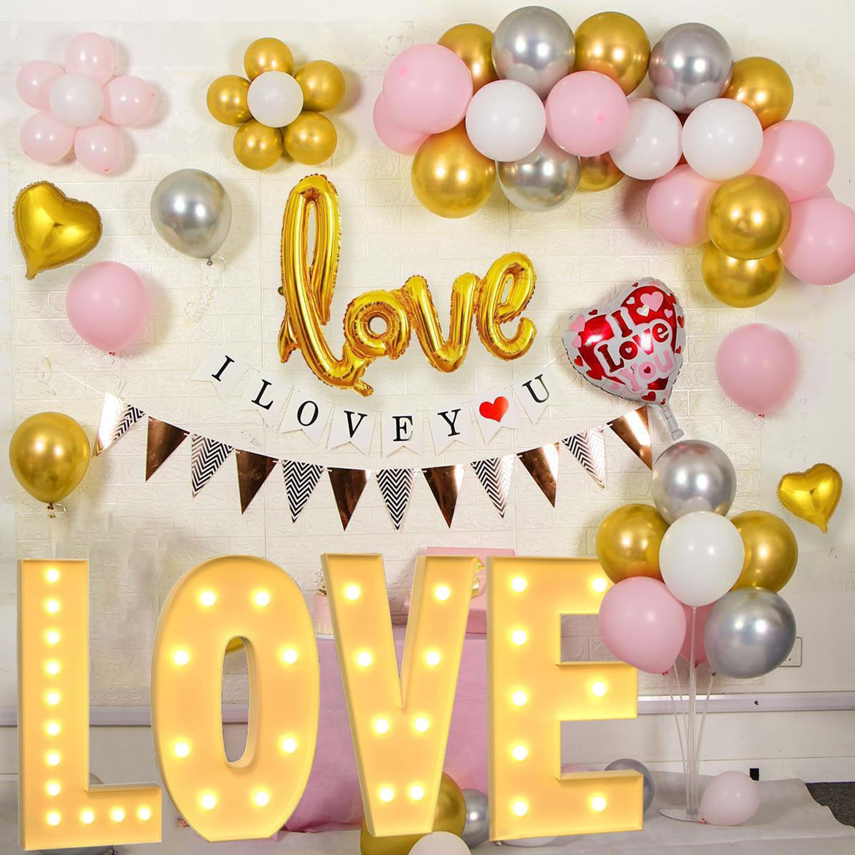Giant Romantic LOVE Sign Light Up, 61 Pcs Art Decorative with Balloons & Bunting for Birthday Valentine's Day Wedding Propose Marriage Party, Gold, 120cm/4FT