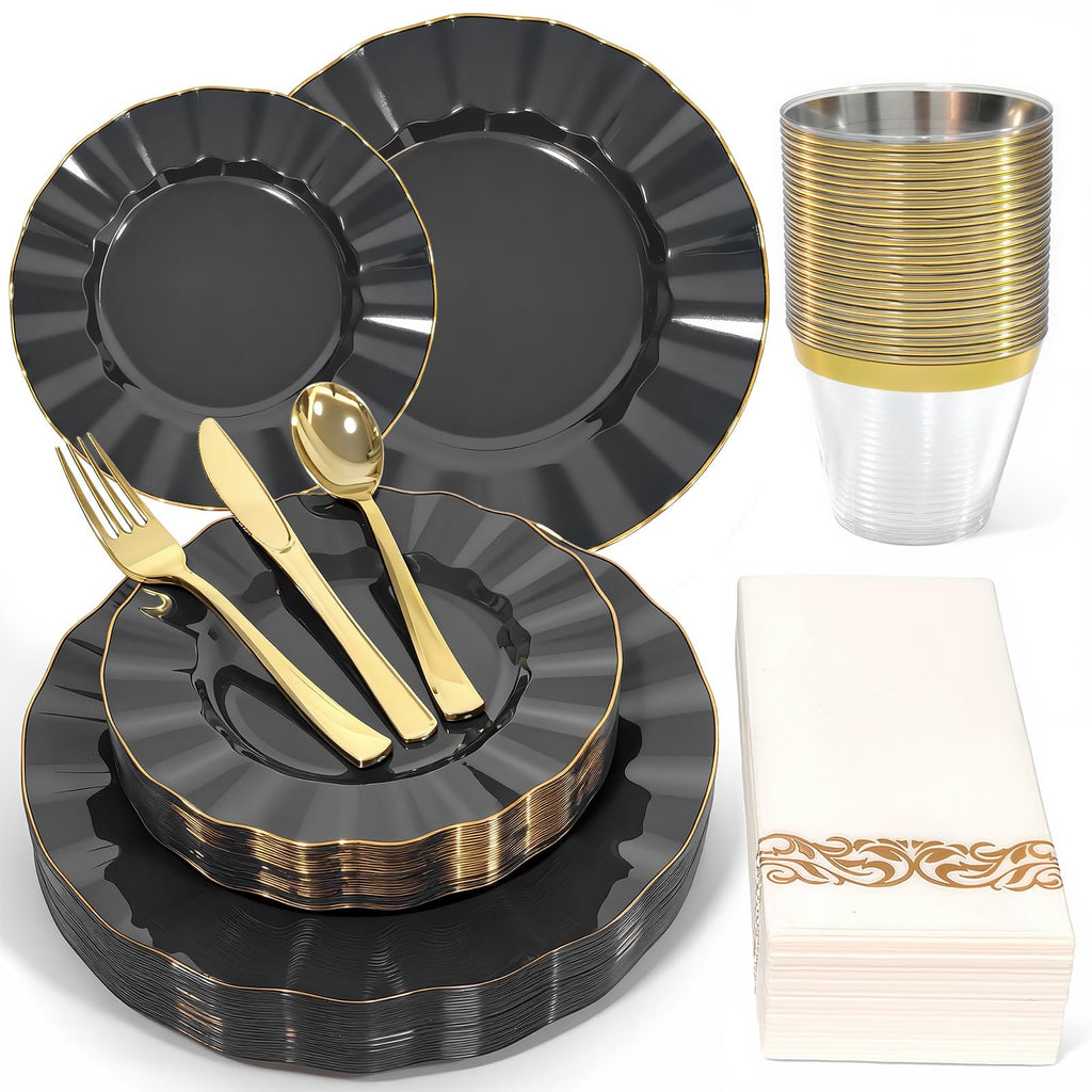 Glowserve Plastic Plates Disposable for Halloween， Plastic Dinner Plates with Gold Rim for Party Wedding