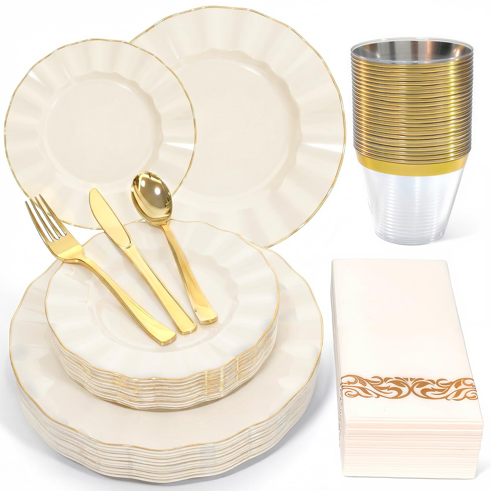 Glowserve Plastic Plates Disposable for Halloween， Plastic Dinner Plates with Gold Rim for Party Wedding