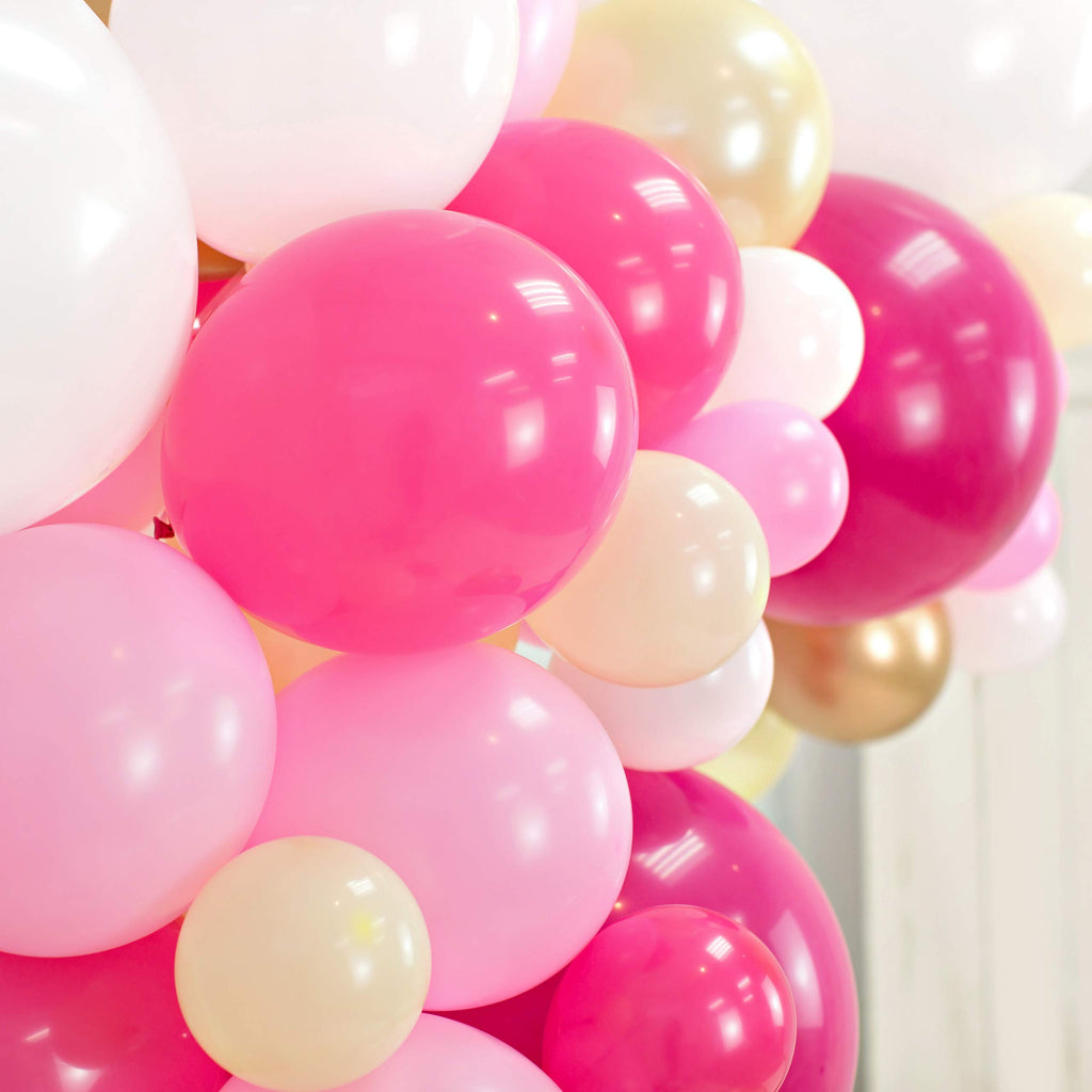 Junibel Balloon Arch & Garland Kit | Fuchsia, Pink, Chrome Gold, White & Pastel Yellow | Adhesive Dots & Decorating Strip | Holiday, Wedding, Baby Shower, Graduation, Anniversary & Party Decorations