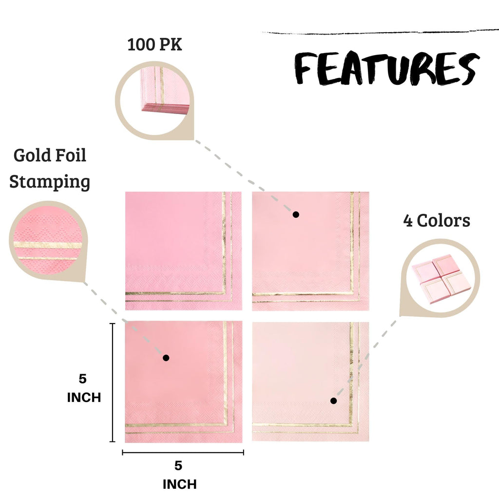 100-Pack Gold 3-Ply Cocktail Napkins, 4 Designs