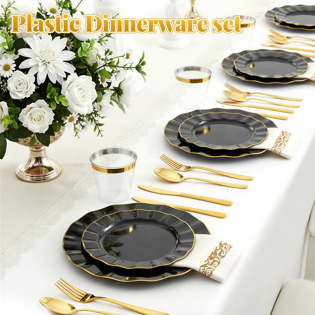Glowserve Plastic Plates Disposable for Halloween， Plastic Dinner Plates with Gold Rim for Party Wedding