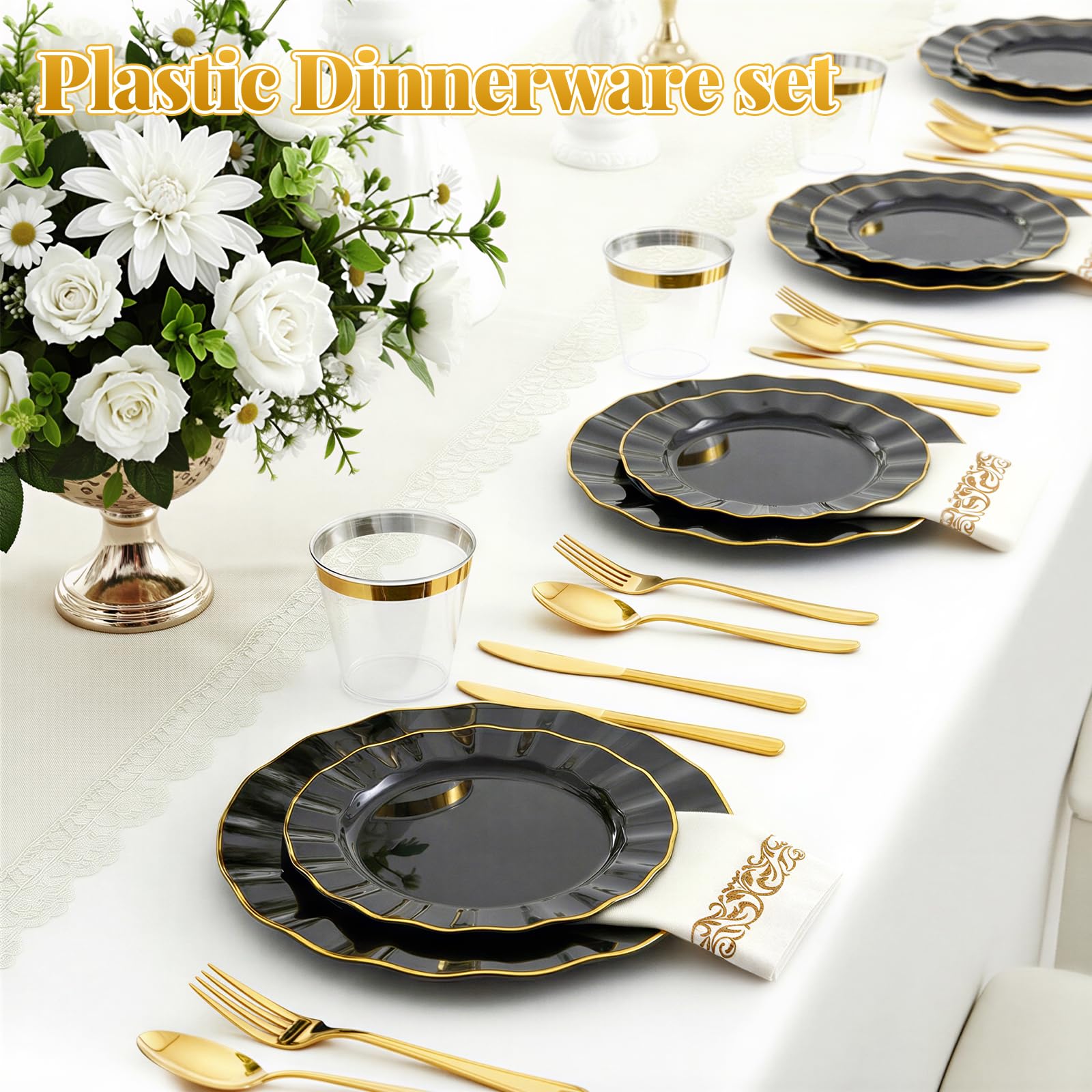 Glowserve Plastic Plates Disposable for Halloween， Plastic Dinner Plates with Gold Rim for Party Wedding