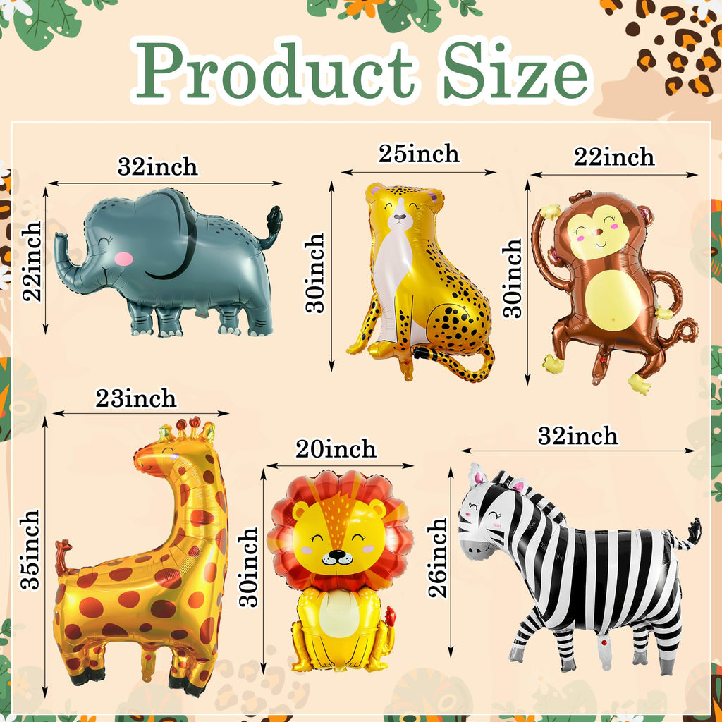6 Pcs Safari Animal Balloons, Lion Zebra Giraffe Monkey Elephant Leopard