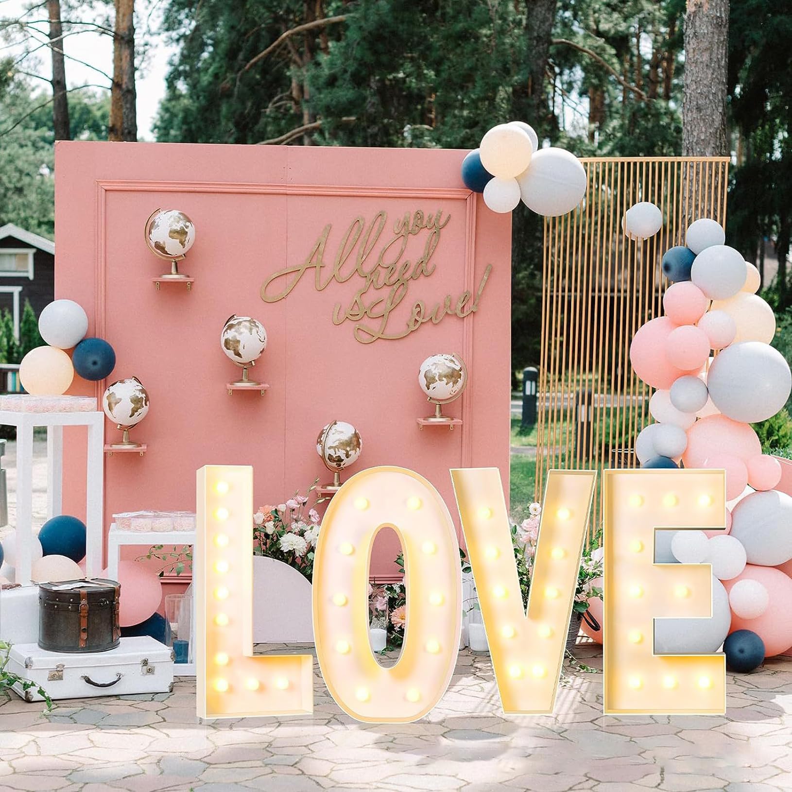 Giant Romantic LOVE Sign Light Up, 61 Pcs Art Decorative with Balloons & Bunting for Birthday Valentine's Day Wedding Propose Marriage Party, Gold, 120cm/4FT