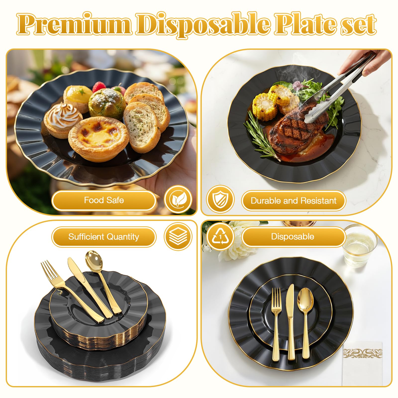 Glowserve Plastic Plates Disposable for Halloween， Plastic Dinner Plates with Gold Rim for Party Wedding