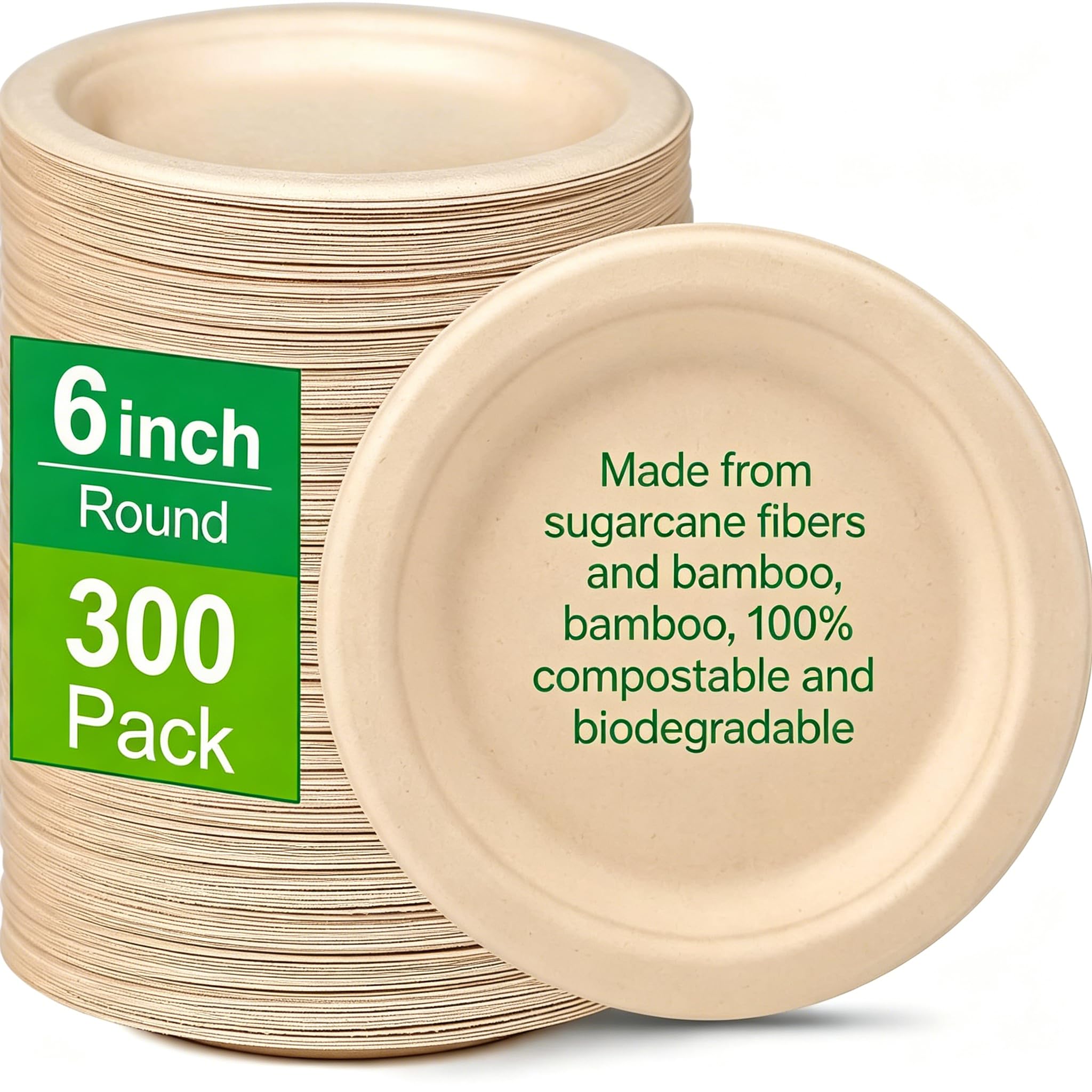300-Pack 6-Inch Compostable Sugarcane Dessert Plates