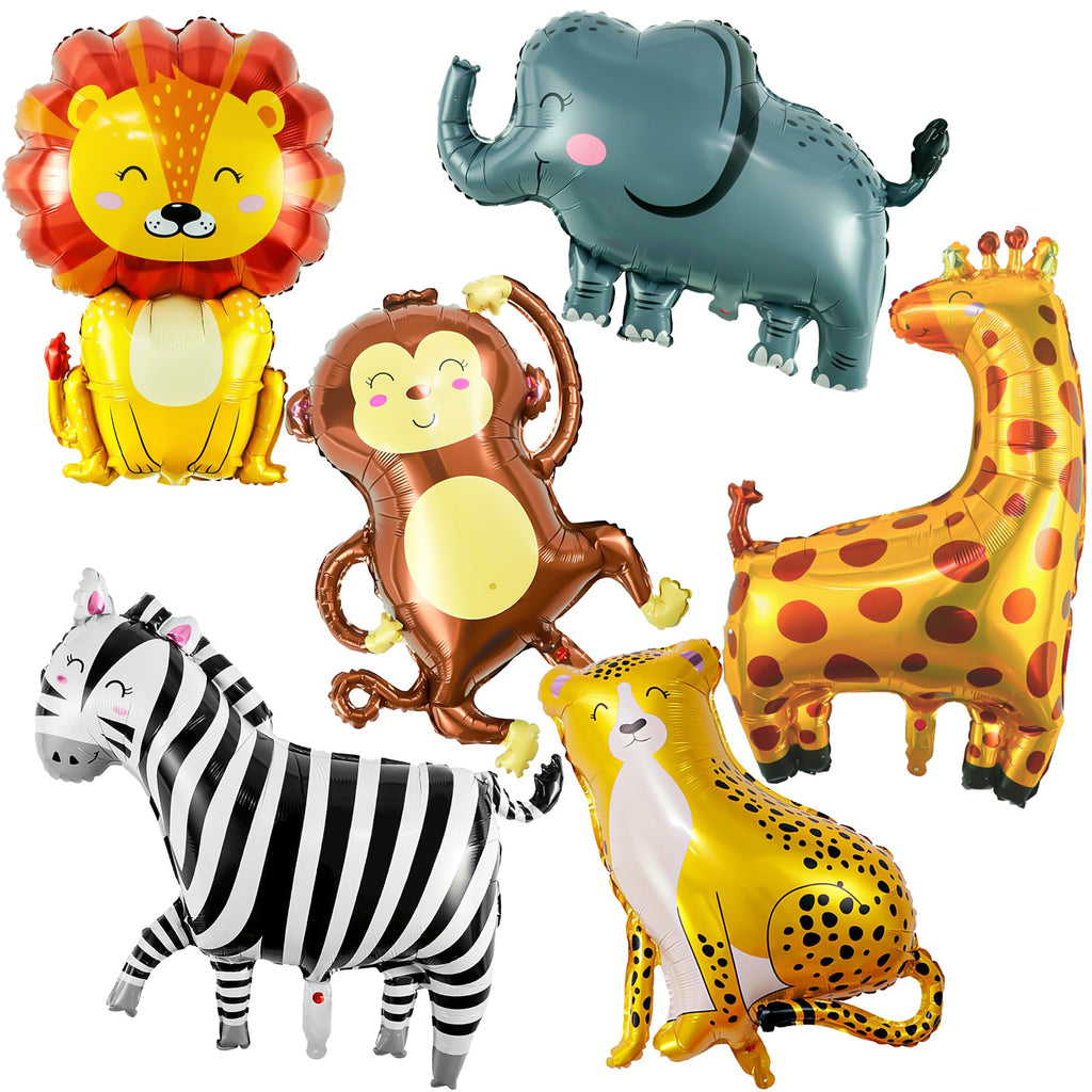 6 Pcs Safari Animal Balloons, Lion Zebra Giraffe Monkey Elephant Leopard