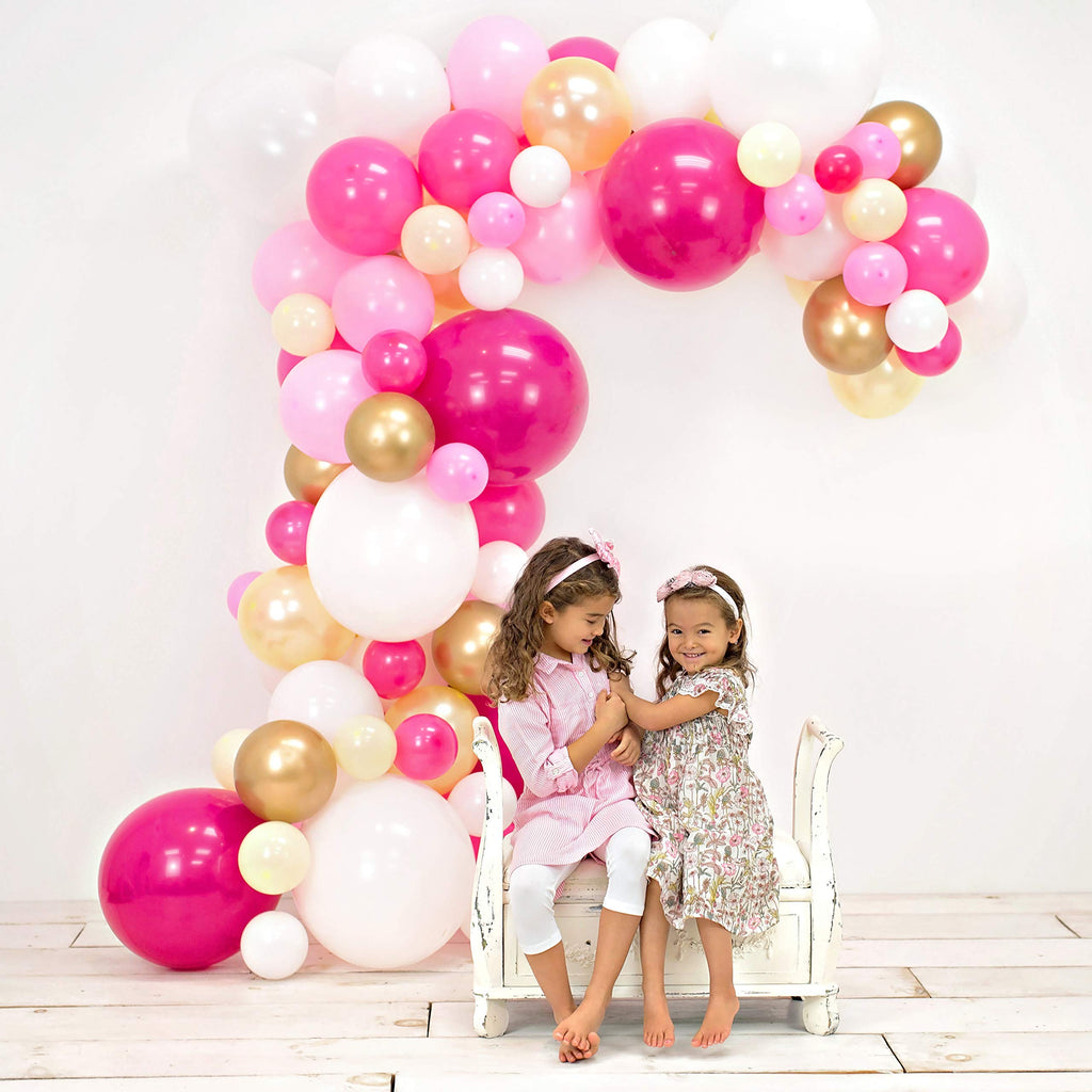 Junibel Balloon Arch & Garland Kit | Fuchsia, Pink, Chrome Gold, White & Pastel Yellow | Adhesive Dots & Decorating Strip | Holiday, Wedding, Baby Shower, Graduation, Anniversary & Party Decorations