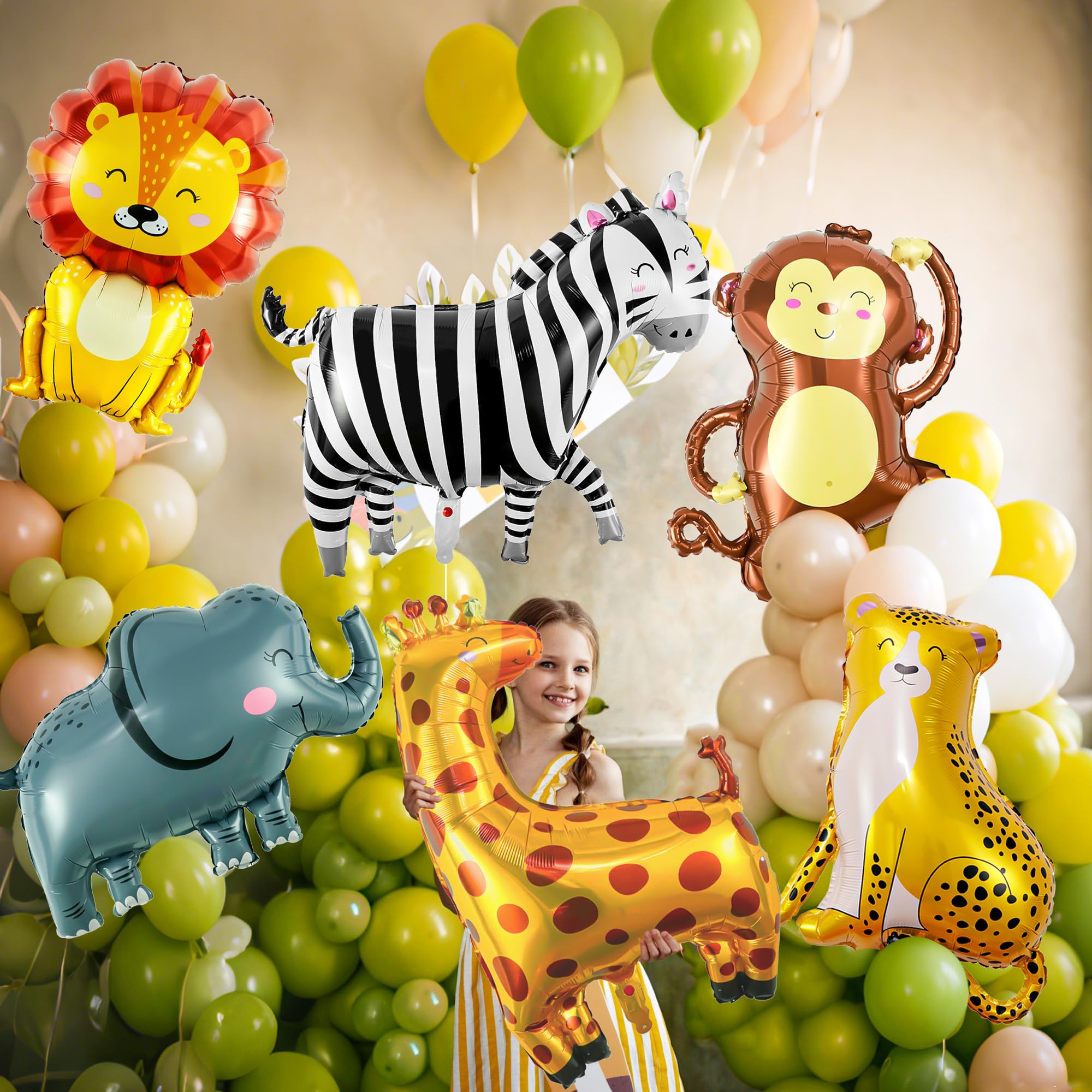 6 Pcs Safari Animal Balloons, Lion Zebra Giraffe Monkey Elephant Leopard