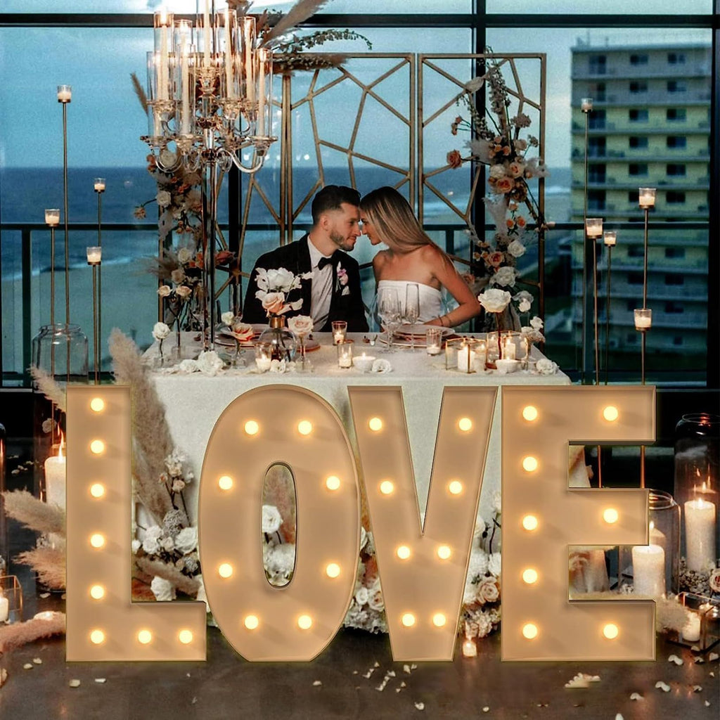 Giant Romantic LOVE Sign Light Up, 61 Pcs Art Decorative with Balloons & Bunting for Birthday Valentine's Day Wedding Propose Marriage Party, Gold, 120cm/4FT