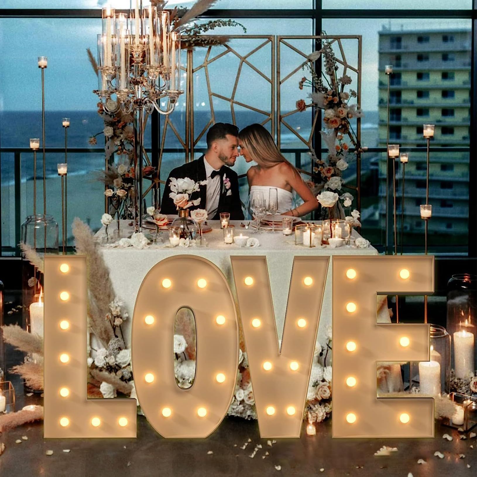Giant Romantic LOVE Sign Light Up, 61 Pcs Art Decorative with Balloons & Bunting for Birthday Valentine's Day Wedding Propose Marriage Party, Gold, 120cm/4FT