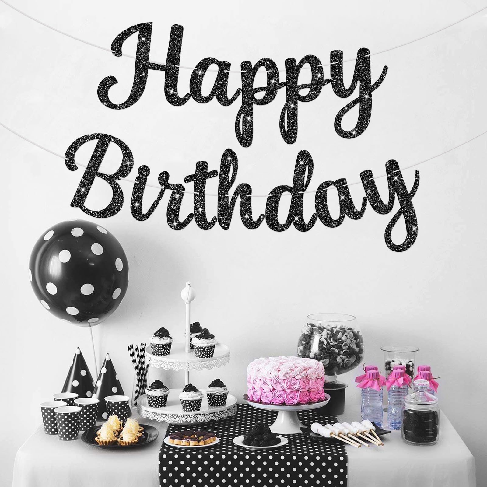 JHZMCRX Glitter Happy Birthday Banner Sign Birthday Garland Wall Door Banners Flag for Women Men Boys Girls Party Backdrop Decorations