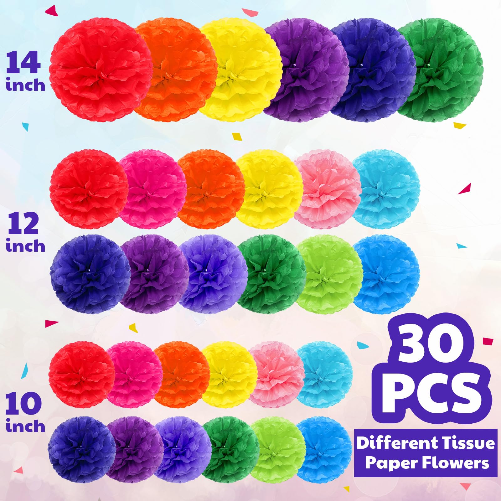 Yeaqee 30 Pcs Large Tissue Paper Pom Poms 14 12 10 Inch, Multicolor