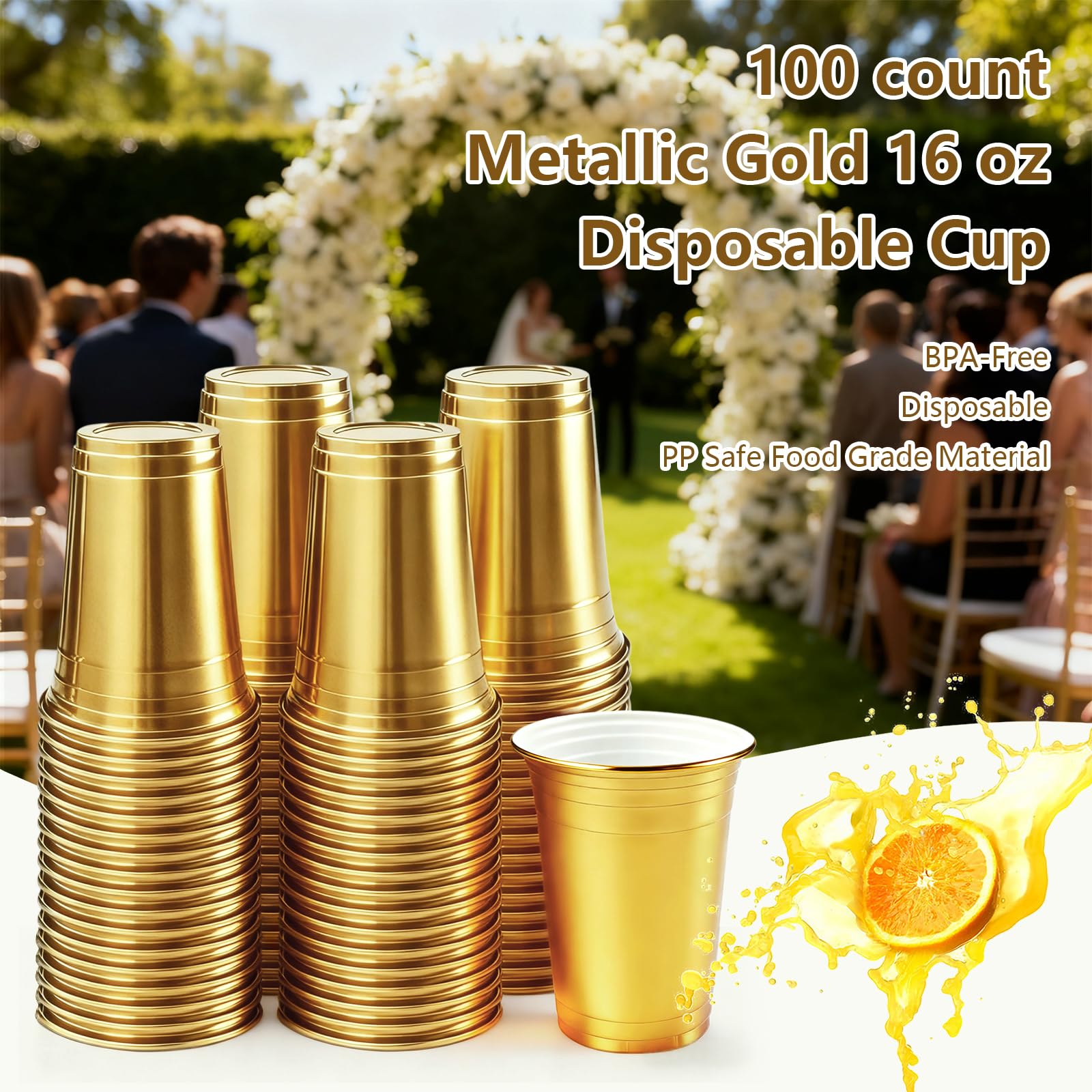 100-Pack 16 oz Gold Metallic Disposable Party Cups