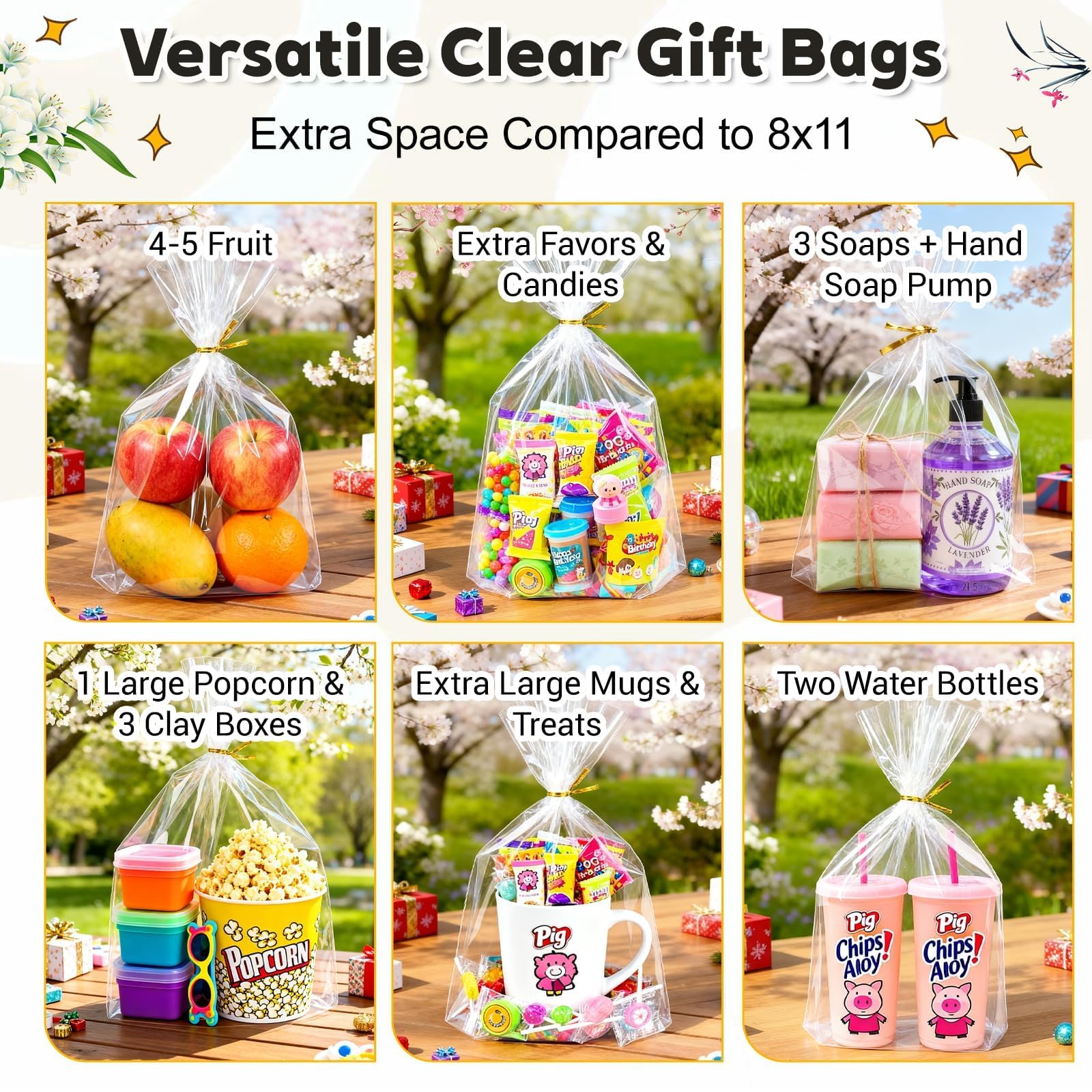 Clear Cellophane Stand-Up Gift Bags with Ties