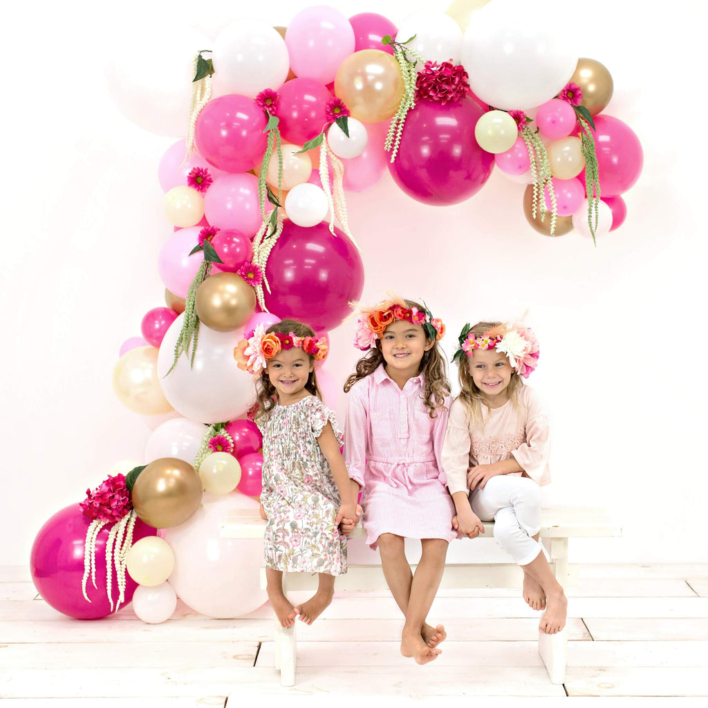 Junibel Balloon Arch & Garland Kit | Fuchsia, Pink, Chrome Gold, White & Pastel Yellow | Adhesive Dots & Decorating Strip | Holiday, Wedding, Baby Shower, Graduation, Anniversary & Party Decorations