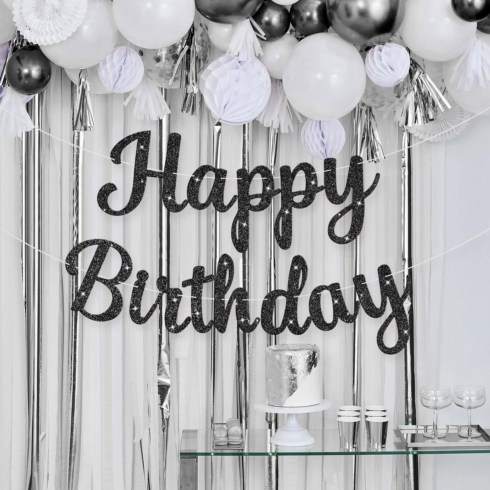 JHZMCRX Glitter Happy Birthday Banner Sign Birthday Garland Wall Door Banners Flag for Women Men Boys Girls Party Backdrop Decorations