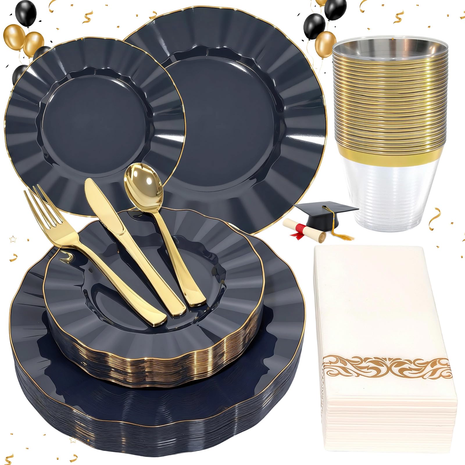 Glowserve Plastic Plates Disposable for Halloween， Plastic Dinner Plates with Gold Rim for Party Wedding