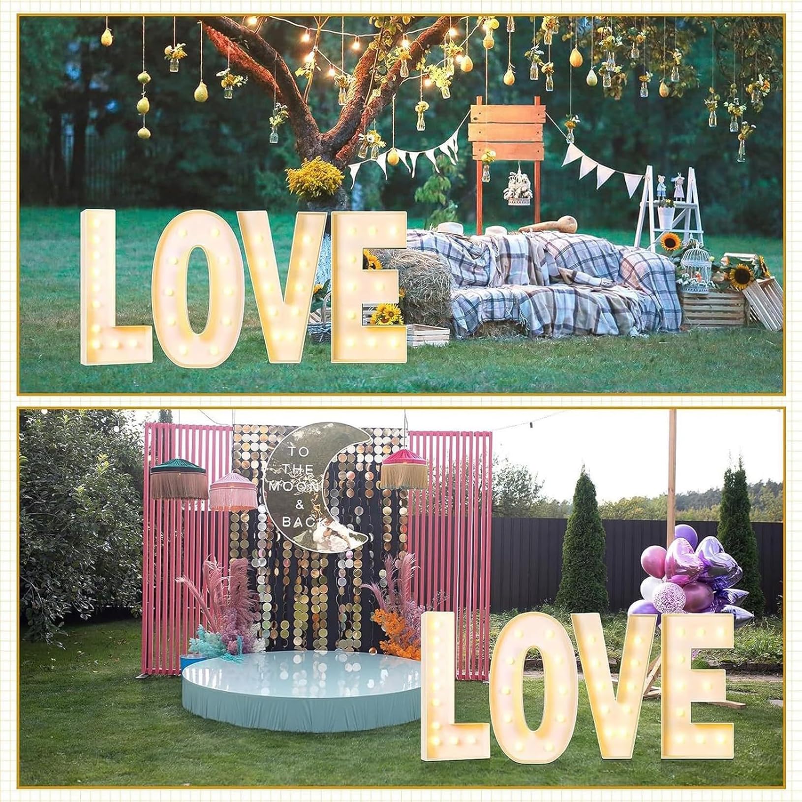 Giant Romantic LOVE Sign Light Up, 61 Pcs Art Decorative with Balloons & Bunting for Birthday Valentine's Day Wedding Propose Marriage Party, Gold, 120cm/4FT