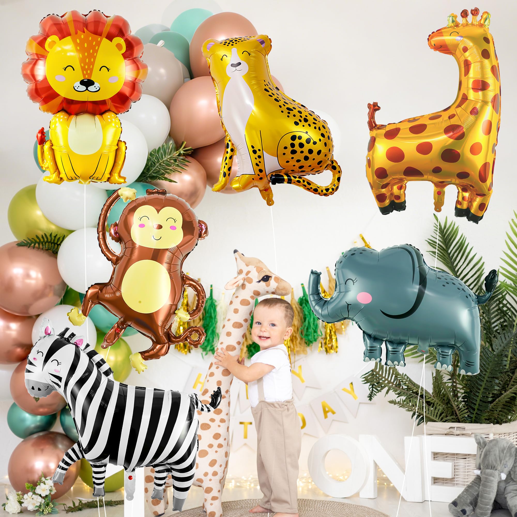 6 Pcs Safari Animal Balloons, Lion Zebra Giraffe Monkey Elephant Leopard