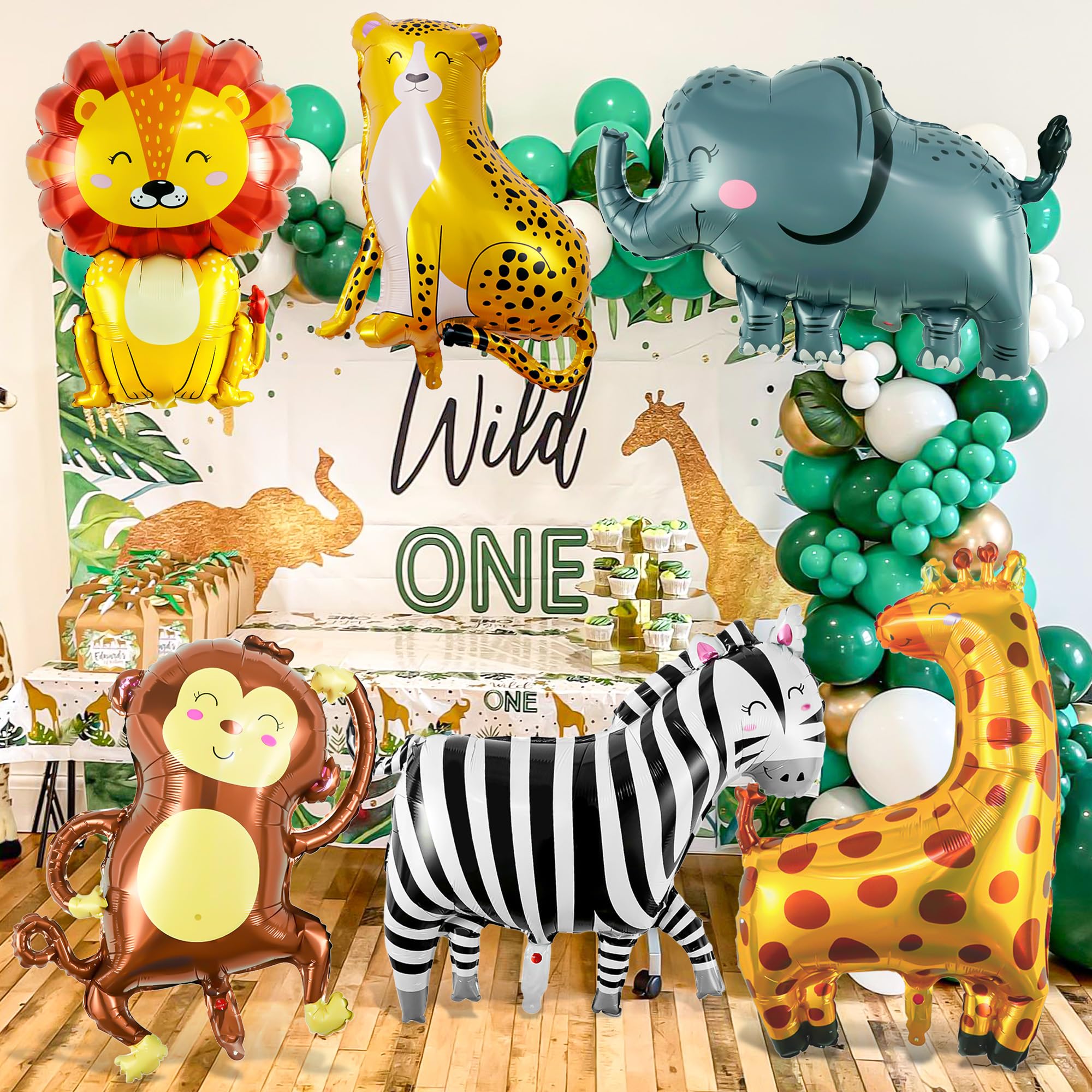 6 Pcs Safari Animal Balloons, Lion Zebra Giraffe Monkey Elephant Leopard