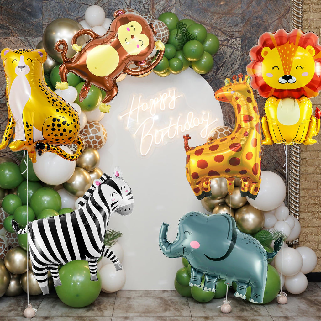 6 Pcs Safari Animal Balloons, Lion Zebra Giraffe Monkey Elephant Leopard
